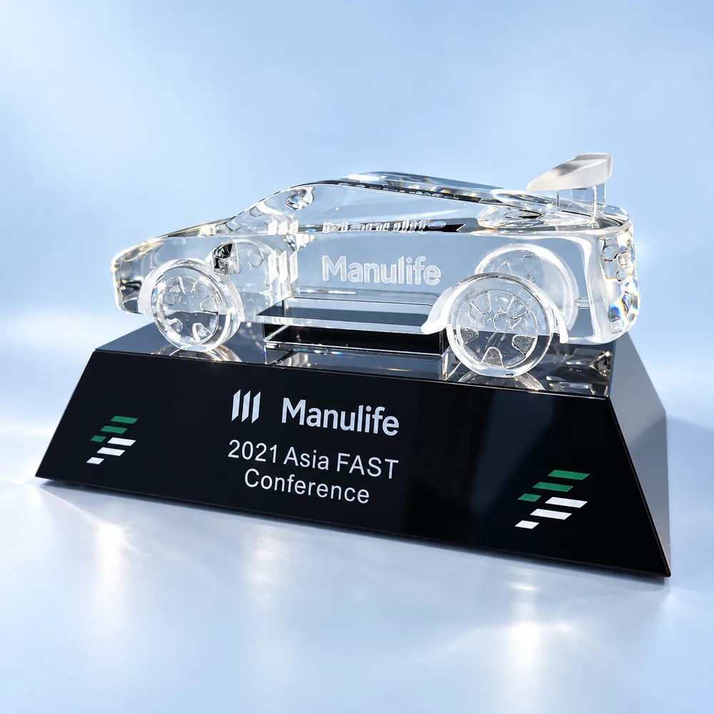 Crystal sports car award on a black base, engraved for a corporate conference, made by Crystal Century